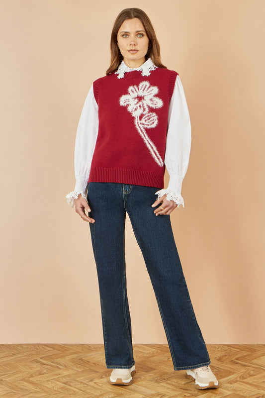 Yumi Burgundy Knitted Flower Sleeveless Jumper Vest