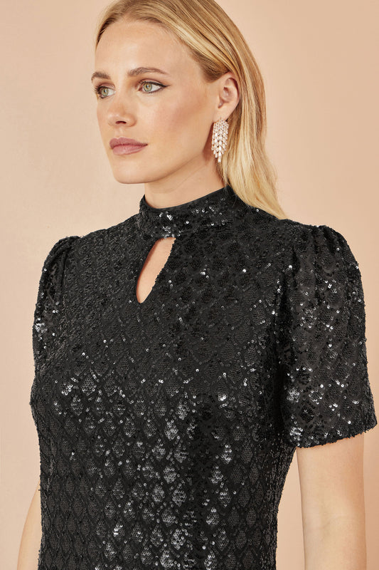 Yumi Black Sequin Tunic Dress with Chevron Pattern & Keyhole Neckline
