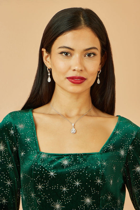 Yumi Green Starburst Foil Print Long Sleeve Skater Dress