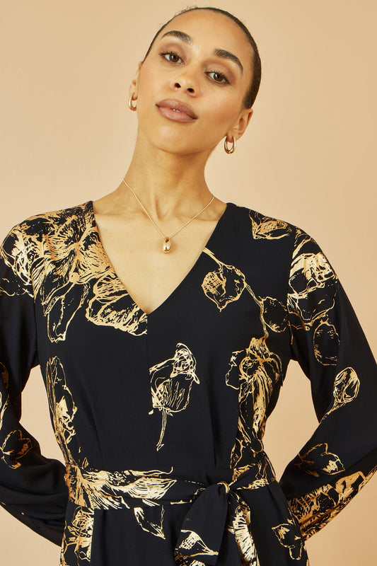 Yumi Black Foil Rose Print Midi Dress
