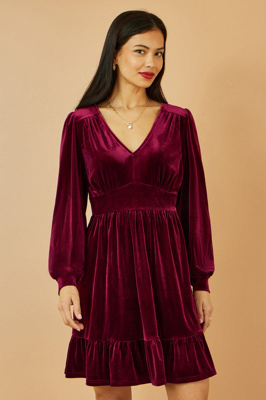 Yumi Burgundy Velvet Long Sleeve Skater Dress
