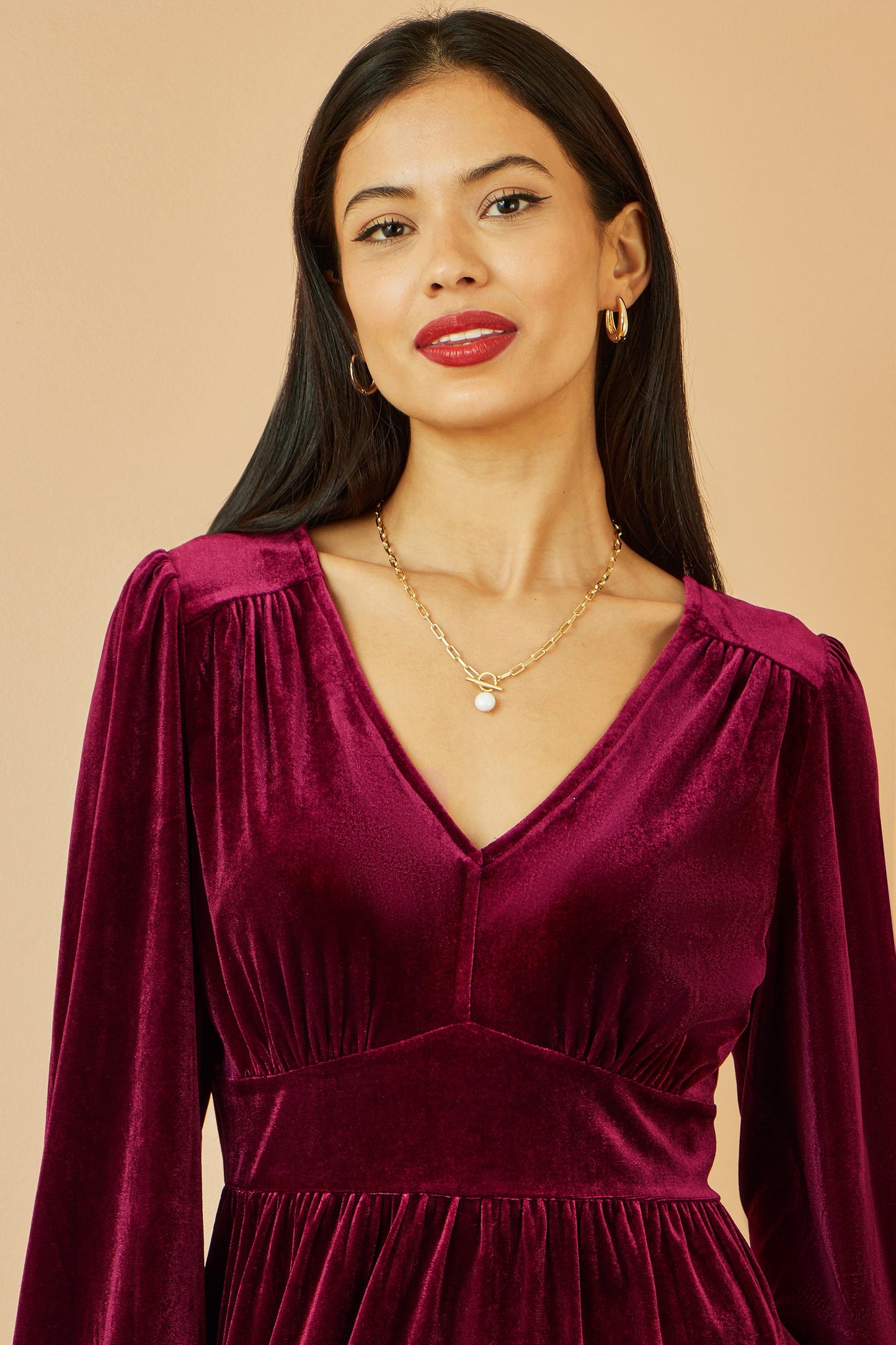 Yumi Burgundy Velvet Long Sleeve Skater Dress