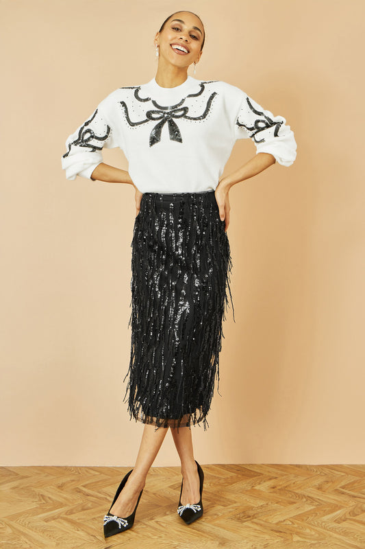 Yumi Black Hanging Sequin Fitted Midi Skirt