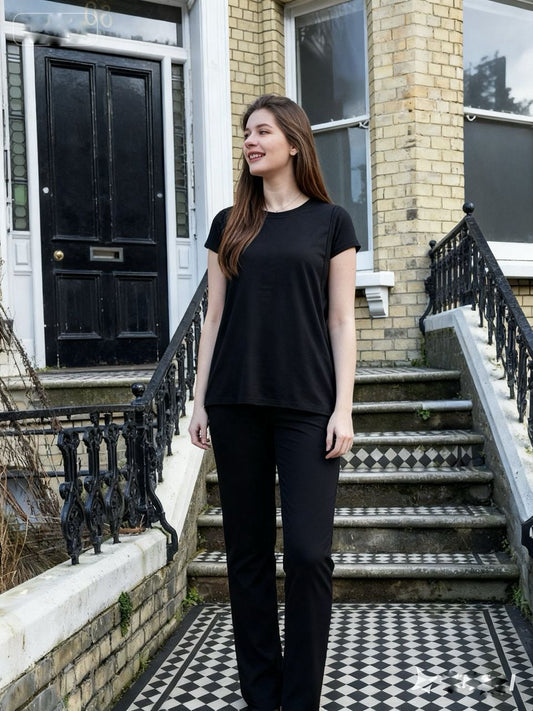 Black Luxurious Cotton Breastfeeding Loungewear Short Sleeve