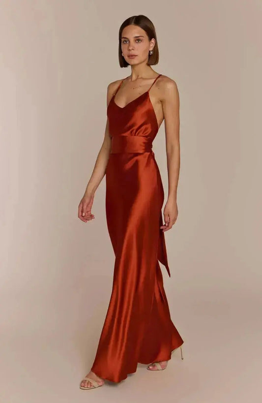 Brooklyn Dress in Burnt Orange Satin