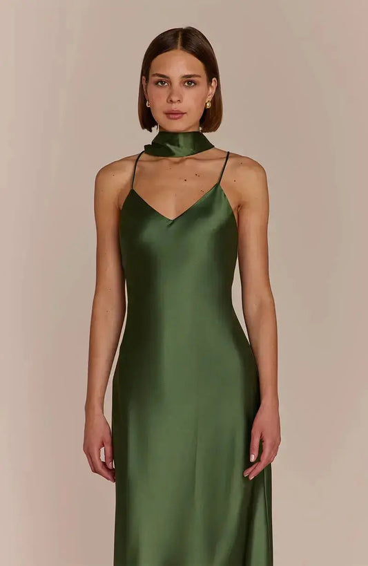 Brooklyn Dress in Olive Green Satin