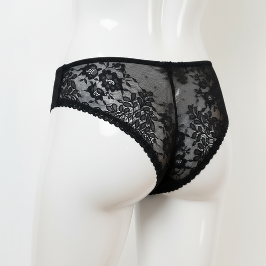 Dark mannequin wearing Honeysuckle black Brazilian brief - back view
