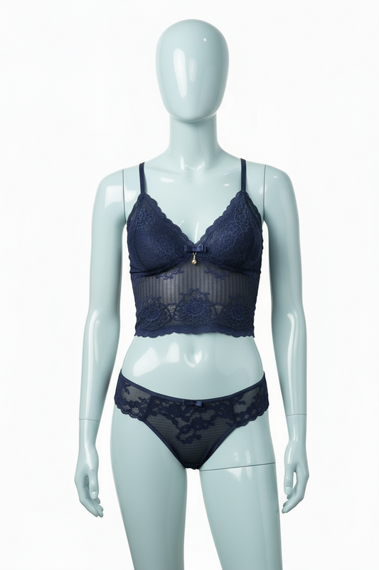 Dark mannequin wearing Queen Anne's Lace navy blue set