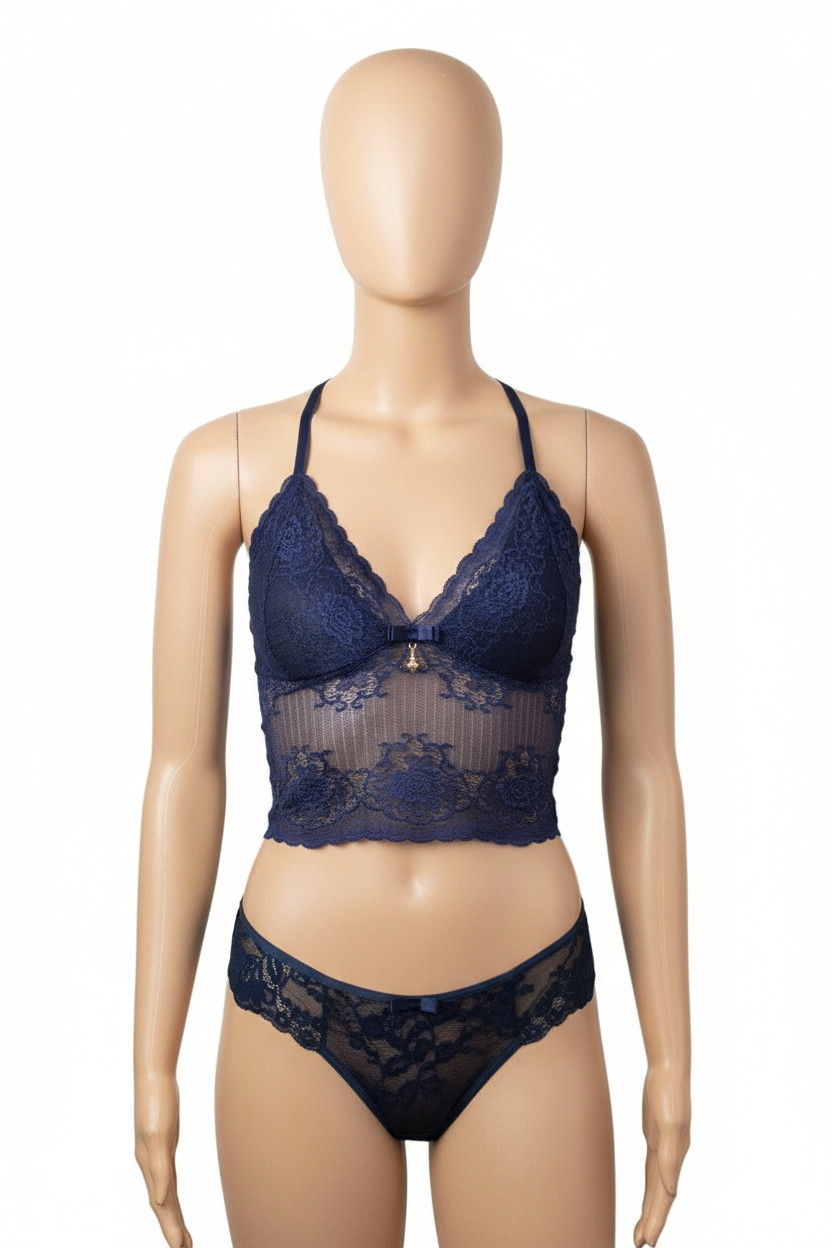 Light mannequin wearing Queen Anne's Lace navy blue set