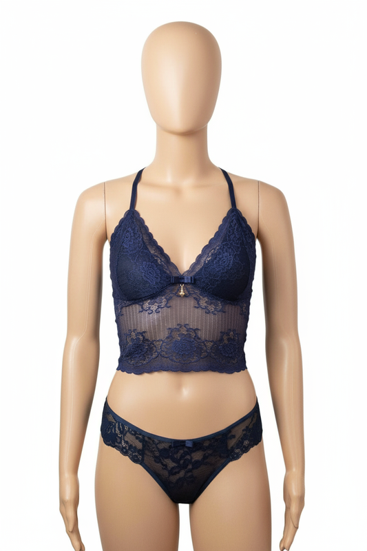 Light mannequin wearing Queen Anne's Lace navy blue set