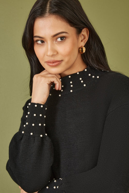 Mela Black Pearl Detail Knitted Relaxed Jumper Dress