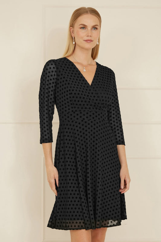 Mela Black Velour Spot 3/4 Sleeve Wrap Skater Dress
