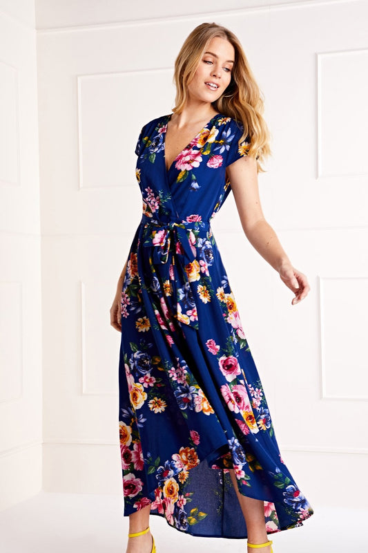 Mela Blue Floral Wrap Over Dipped Hem Midi Dress