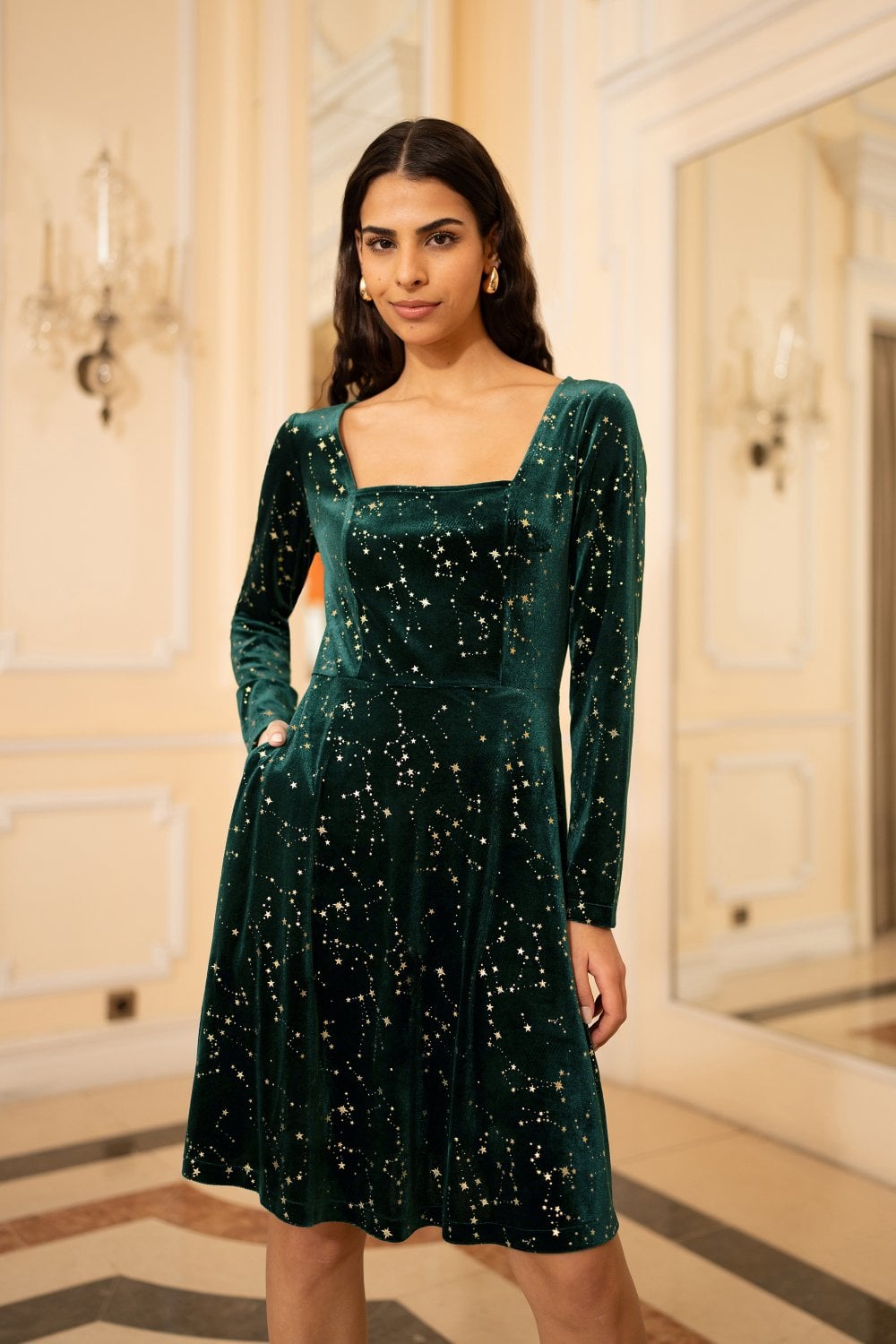 Mela Green Star Foil Print Long Sleeve Skater Dress