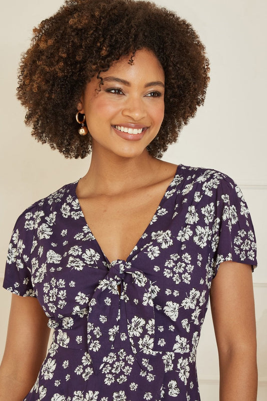 Mela Navy Floral Mini Skater Dress With Tie Front