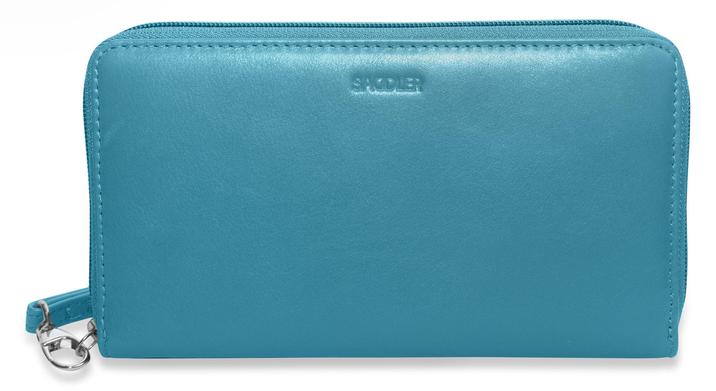 SADDLER SOPHIA Leather Zip Around Purse - 15 Card slots, Mobile Phone Pocket, Detachable Wrist Strap- RFID Protected