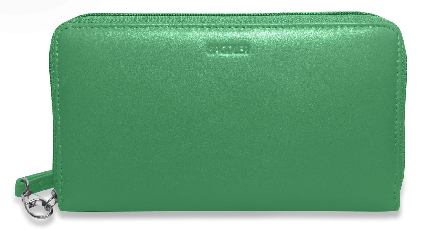 SADDLER SOPHIA Leather Zip Around Purse - 15 Card slots, Mobile Phone Pocket, Detachable Wrist Strap- RFID Protected