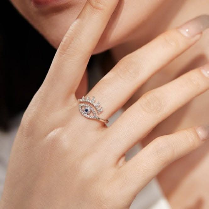 Silver Rhodium Plated Sparkling Zirconia Adjustable Evil Eye Ring ERLR014