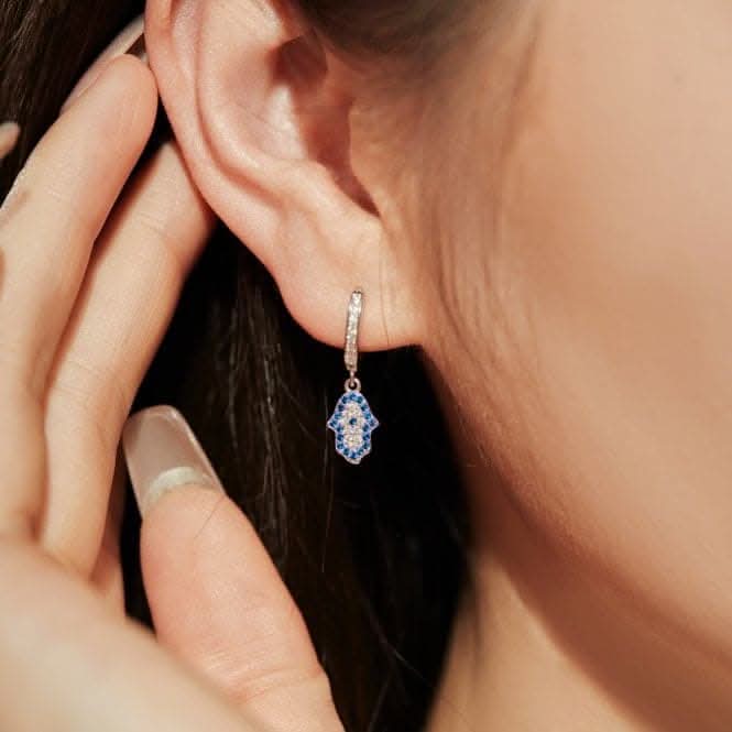 Sterling Silver Rhodium Plated Hand Of Fatima Hoop Earrings ERLE084