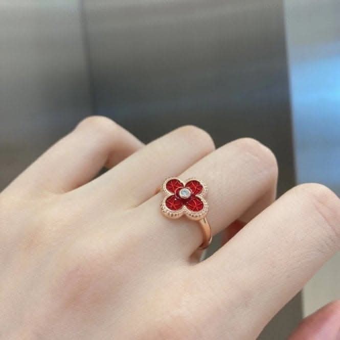Sterling Silver Rose Gold Plated Adjustable Red Lucky 4 Leaf Ring ERLR006
