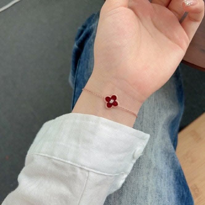 Sterling Silver Rose Gold Plated Red Lucky 4 Leaf Bracelet ERLB041