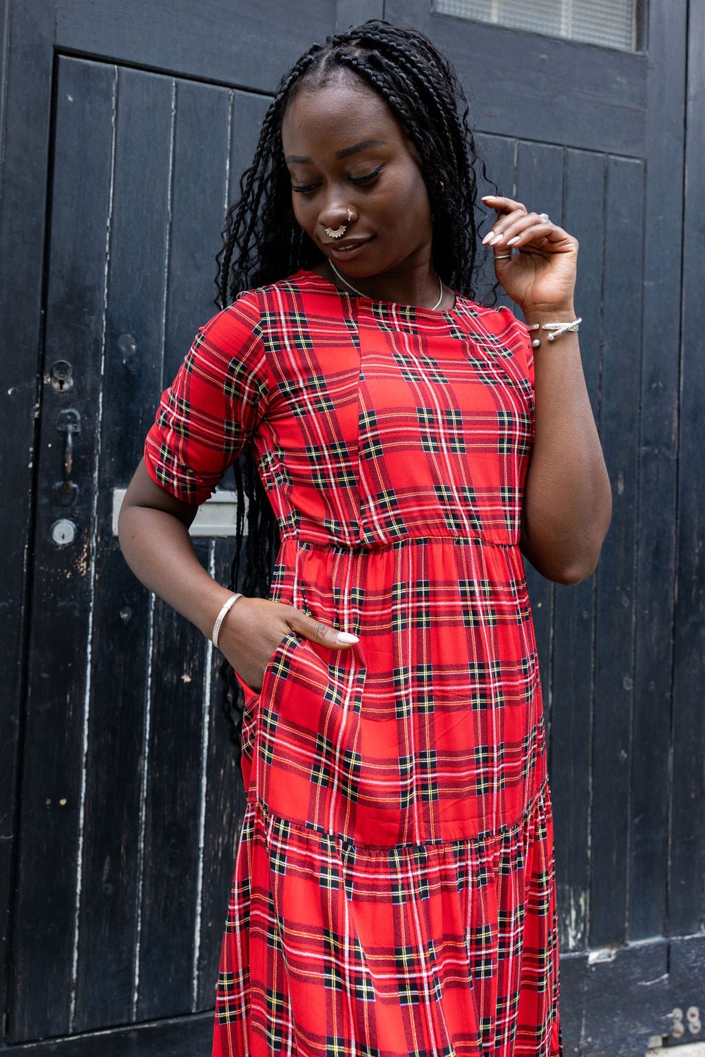 The Midi Breastfeeding Dress - Red Tartan Cotton Pre