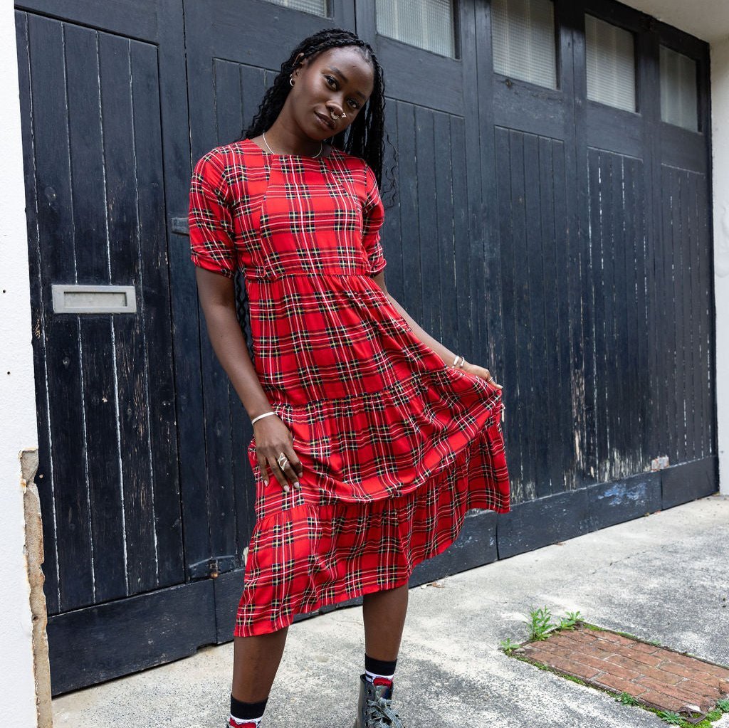 The Midi Breastfeeding Dress - Red Tartan Cotton Pre