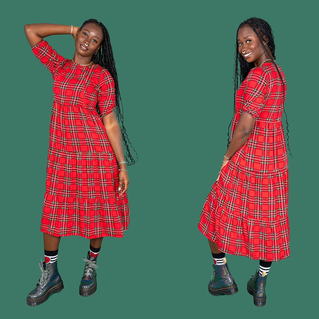 The Midi Breastfeeding Dress - Red Tartan Cotton Pre