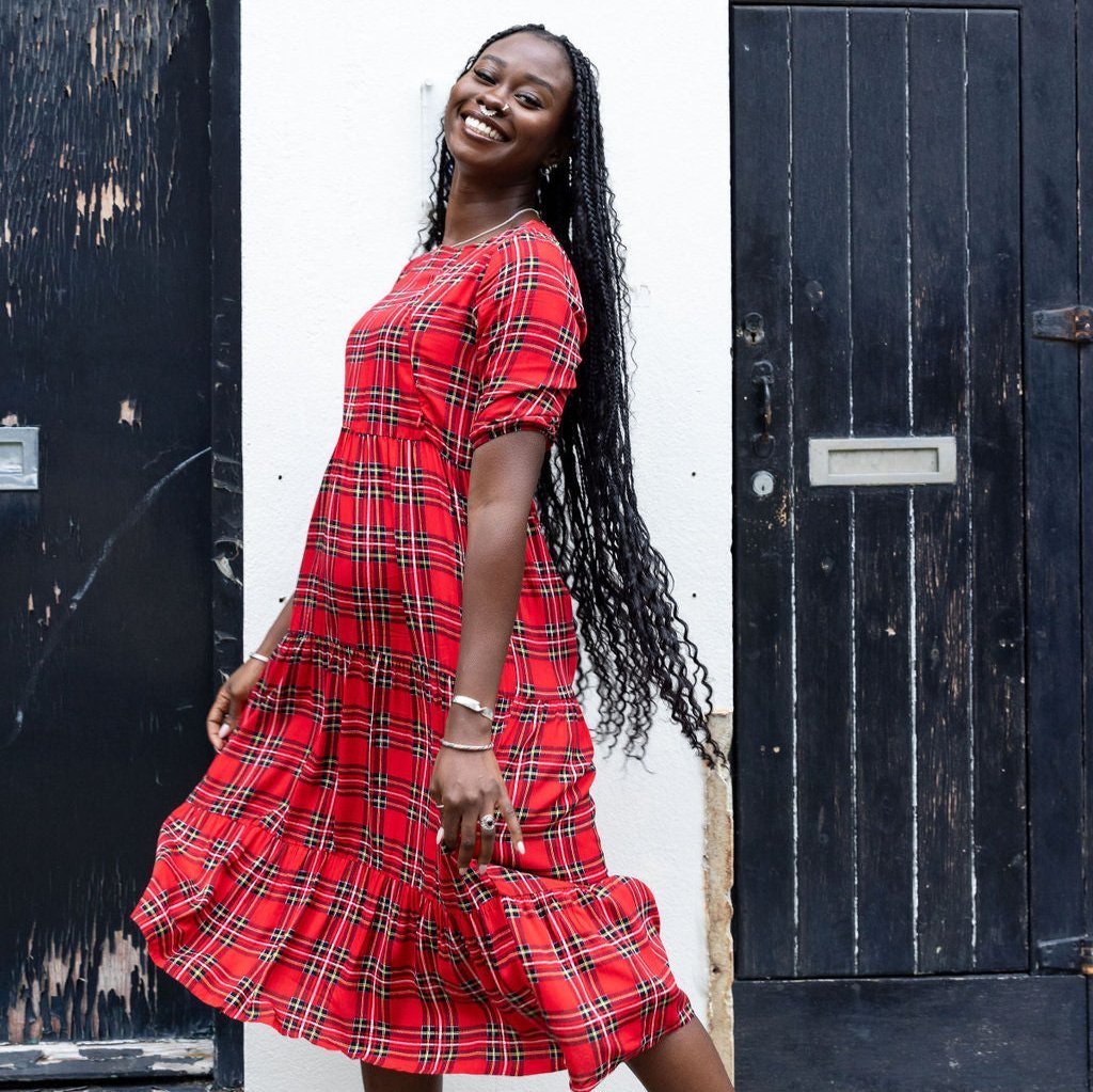 The Midi Breastfeeding Dress - Red Tartan Cotton Pre