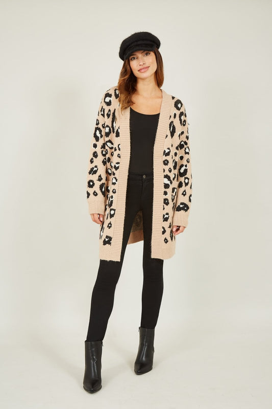 Yumi Beige Animal Intarsia Long Cardigan