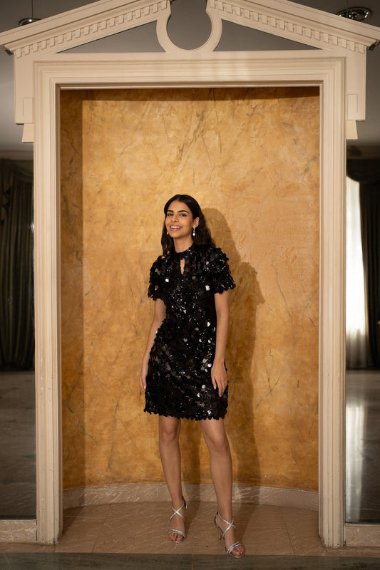 Yumi Black Big Sequin Tunic With Keyhole Neckline