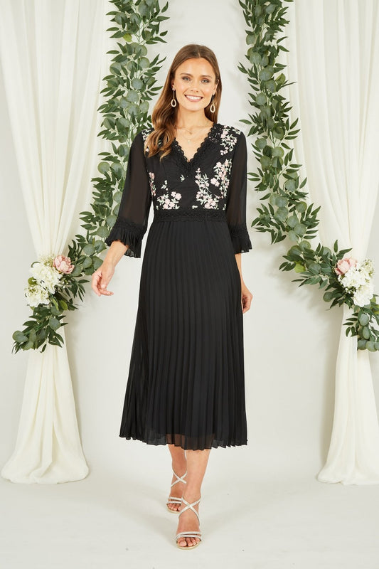 Yumi Black Embroidered Panel Midi Dress With Pleats