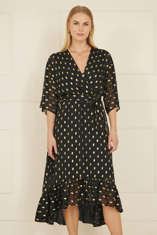 Yumi Black Foil Print Wrap Over Dip Hem Midi Dress