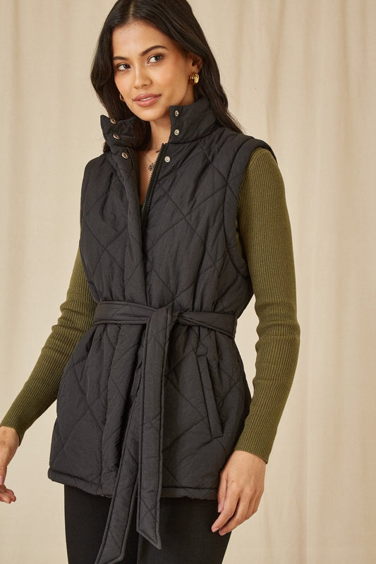 Yumi Black High Neck Quilted Gilet With Belt