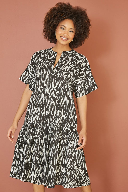 Yumi Black Organic Cotton Animal Print Tiered Tunic Dress