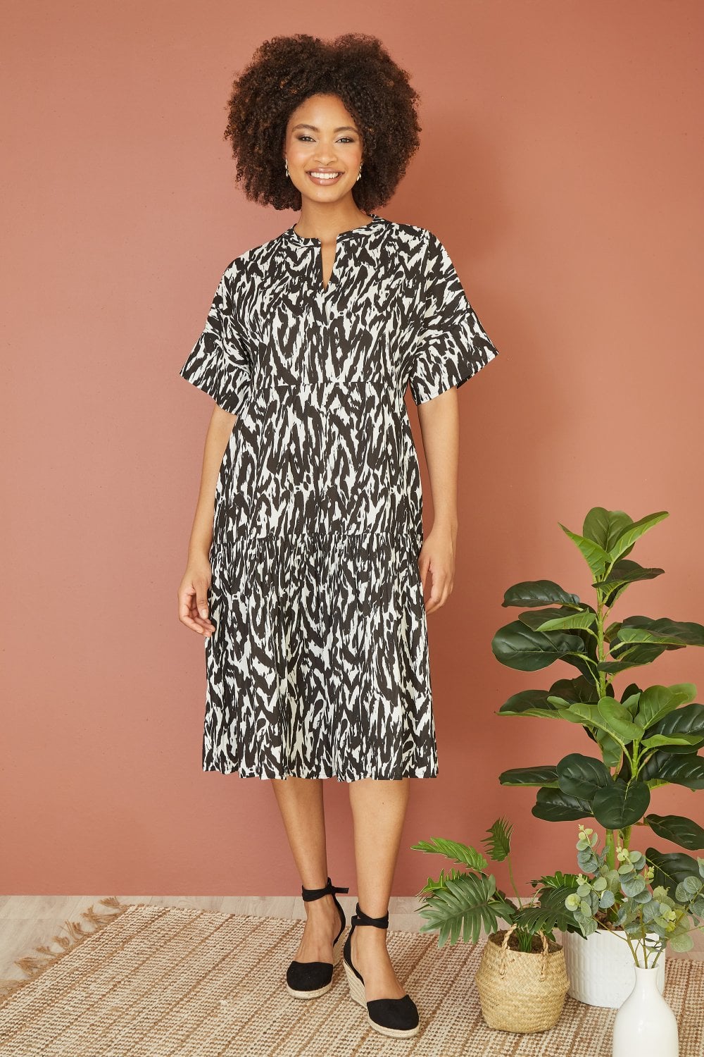 Yumi Black Organic Cotton Animal Print Tiered Tunic Dress