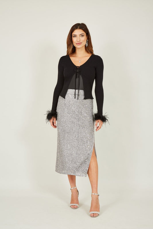 Yumi Black Ribbed Bolero With Feather Cuffs