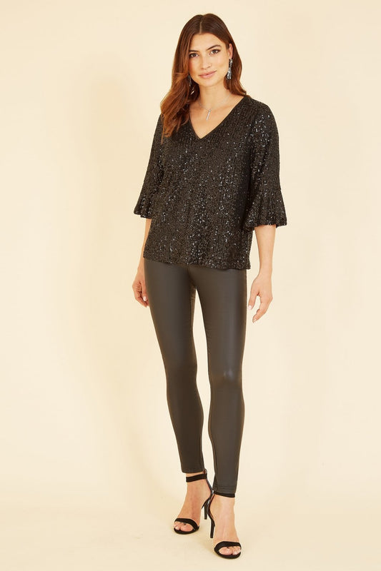 Yumi Black Sequin Top With Fluted Sleeve