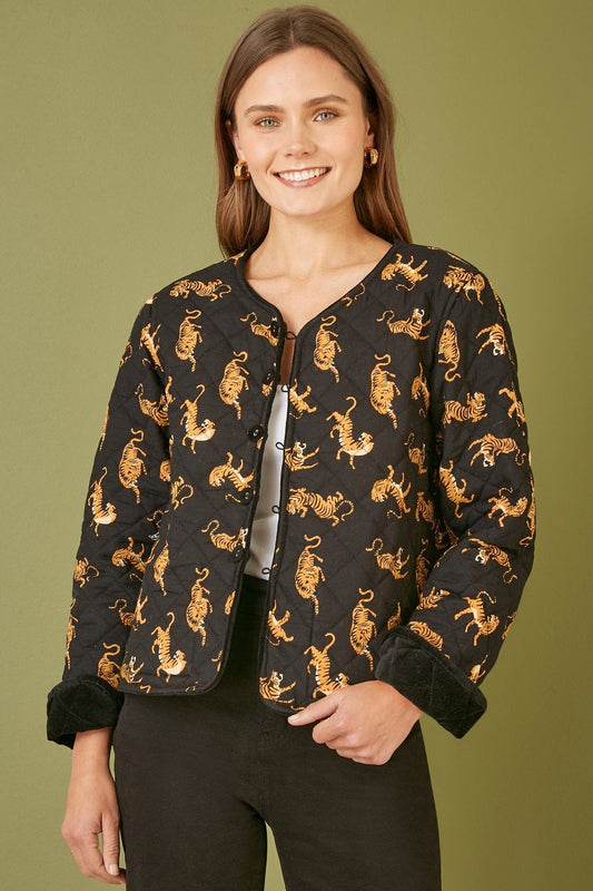 Yumi Black Velvet Quilted Jacket With Reversible Leopard Lining