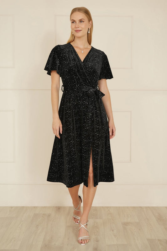 Yumi Black Velvet Sparkle Wrap Midi Dress