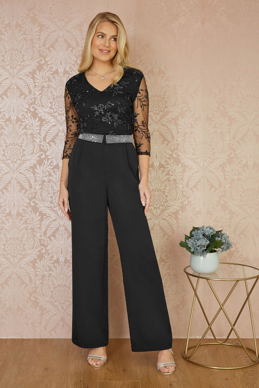 Yumi Black Wide Leg Trousers With Diamante Waistband
