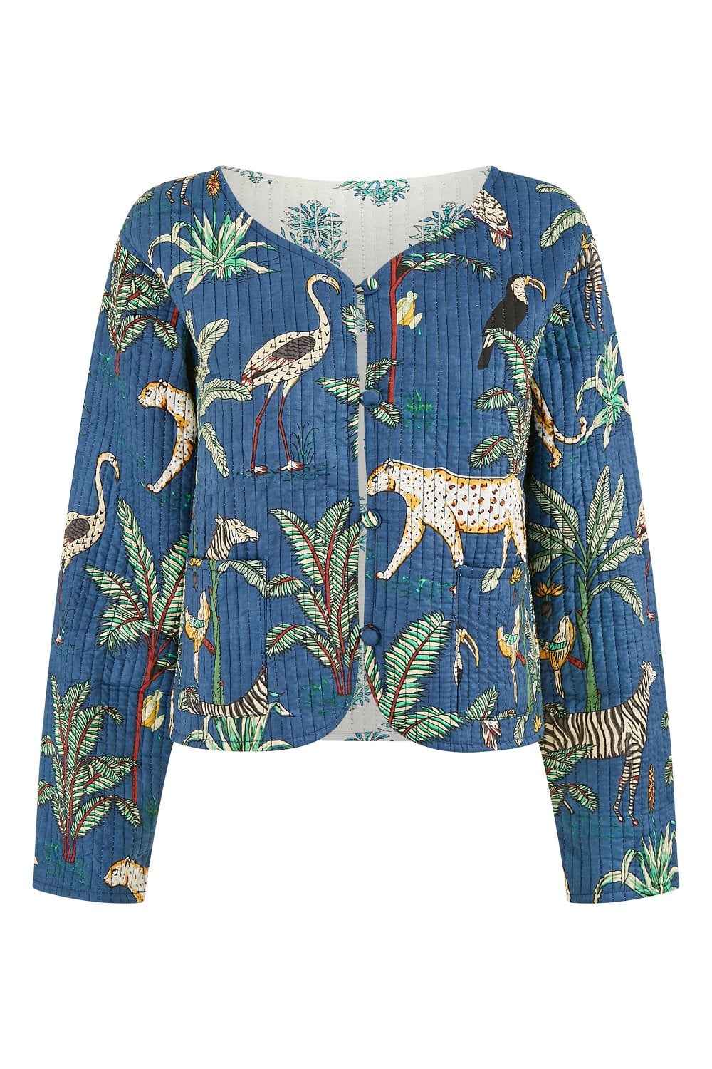 Yumi Blue Animal Print Reversible Cotton Cropped Quilted Jacket