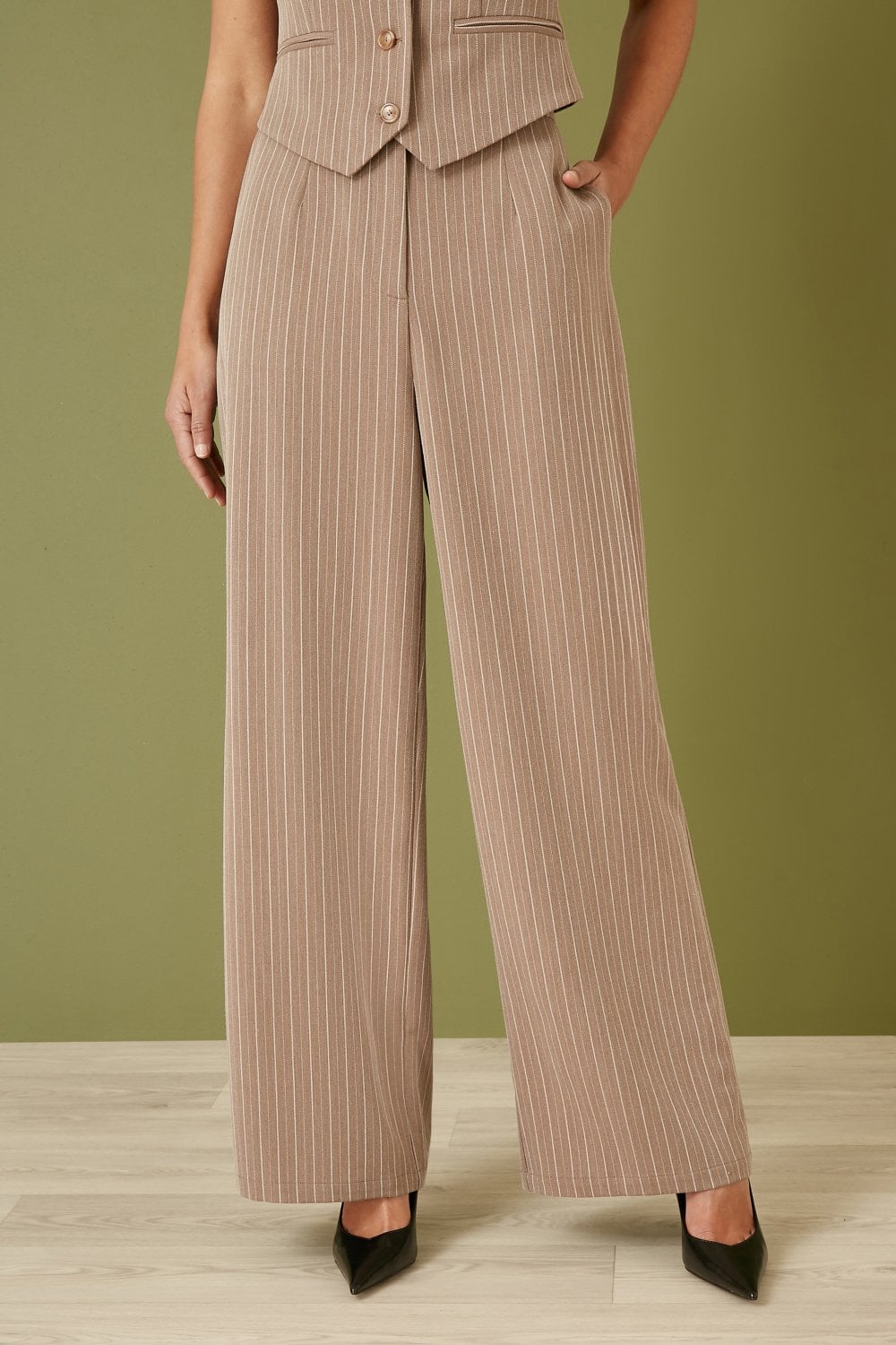 Yumi Brown Pinstripe Sustainable Cotton And Ramie Wide Leg Trousers