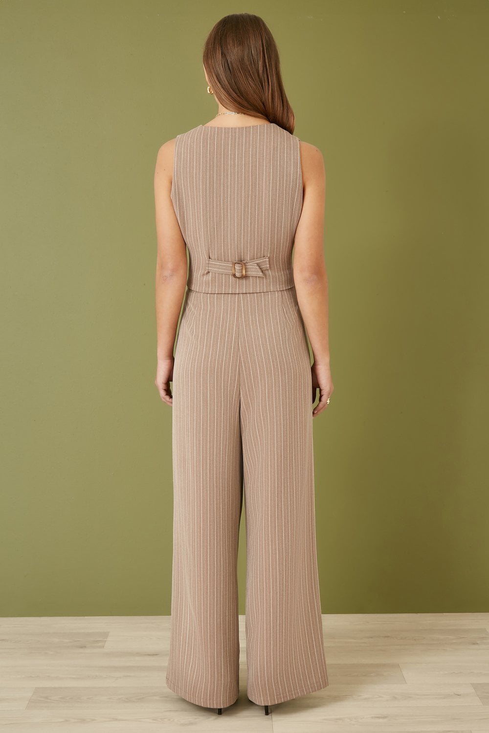 Yumi Brown Pinstripe Sustainable Cotton And Ramie Wide Leg Trousers