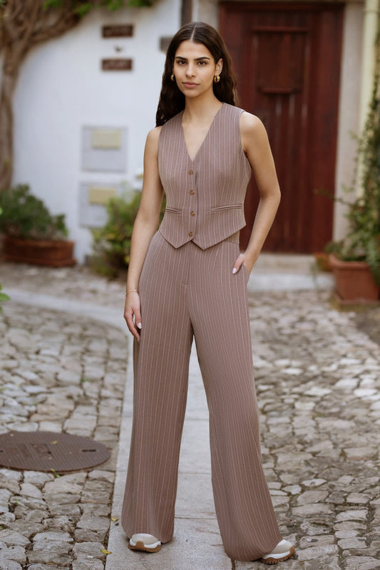 Yumi Brown Pinstripe Sustainable Cotton And Ramie Wide Leg Trousers