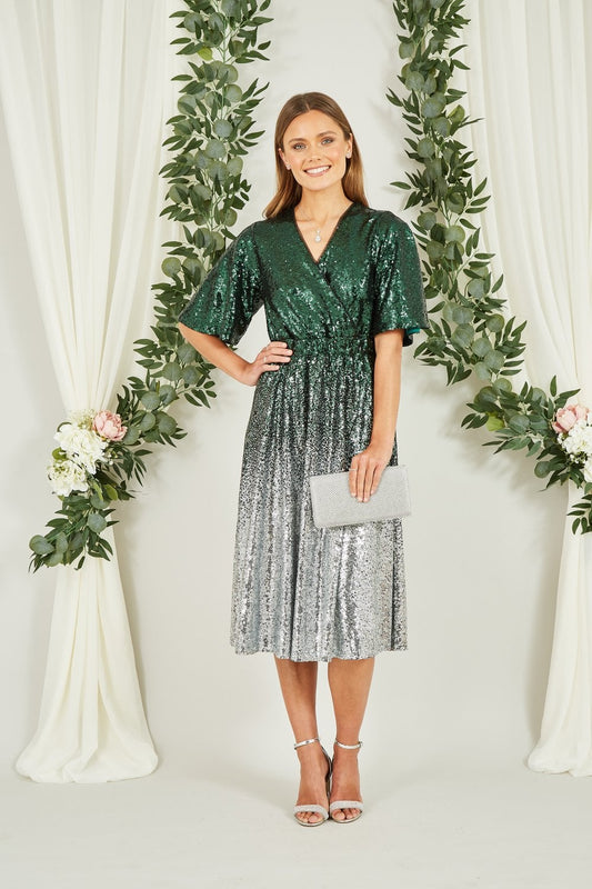 Yumi Green and Silver Ombre Sequin Midi Wrap Dress
