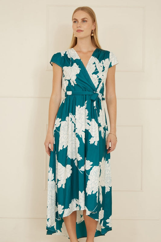 Yumi Green Blossom Print Wrap Midi With Dipped Hem