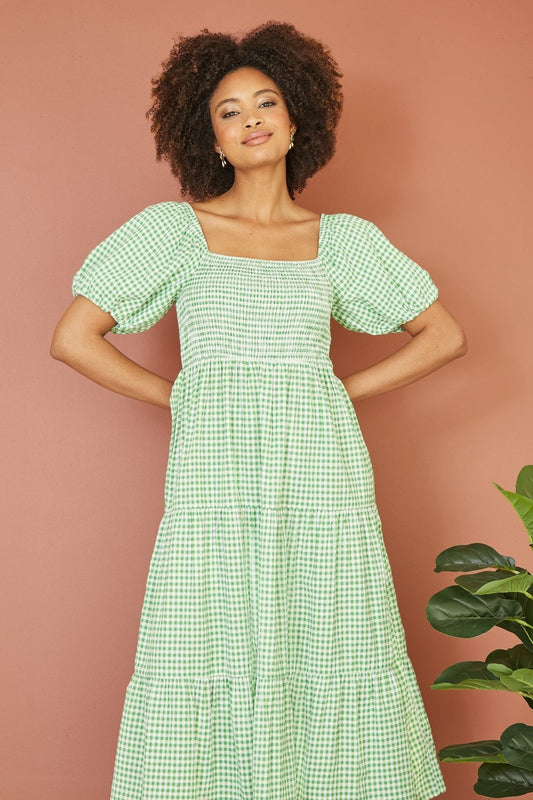 Yumi Green Cotton Gingham Smock Puff Sleeve Midi Dress