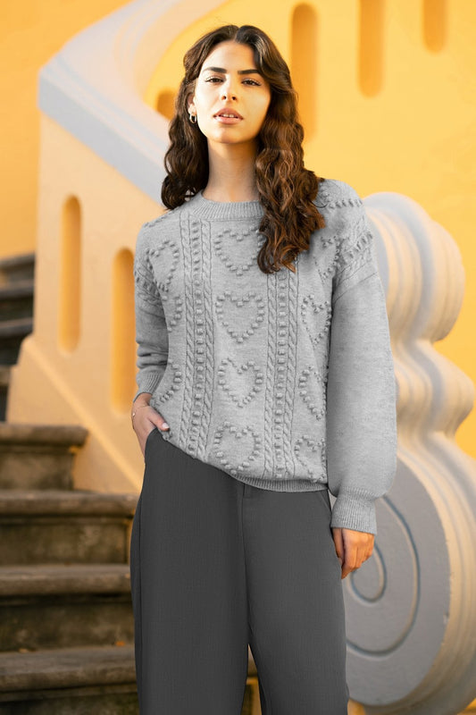 Yumi Grey Heart Knit Relaxed Jumper