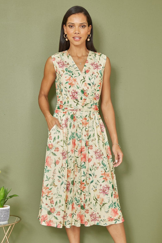 Yumi Ivory Floral Print Mesh Stretch Midi Dress With Pockets